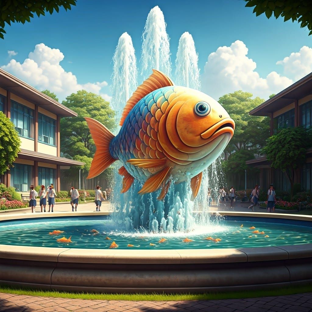 Fish Fountain in School Garden, Detailed Digital Art