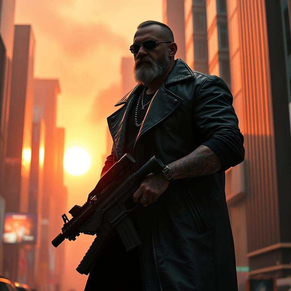 Cyberpunk Gangster in Dystopian Metropolis