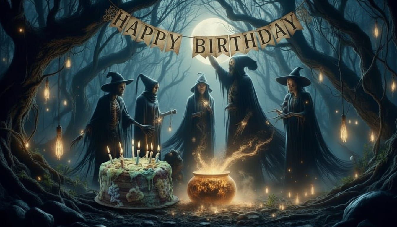 Witches Coven in Moonlit Clearing with Birthday Banners