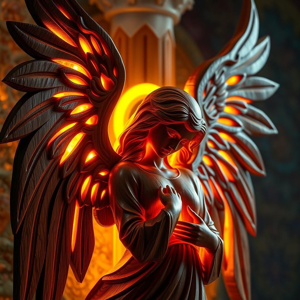 A beautiful and magnificent angel carved out of wood. Very s...