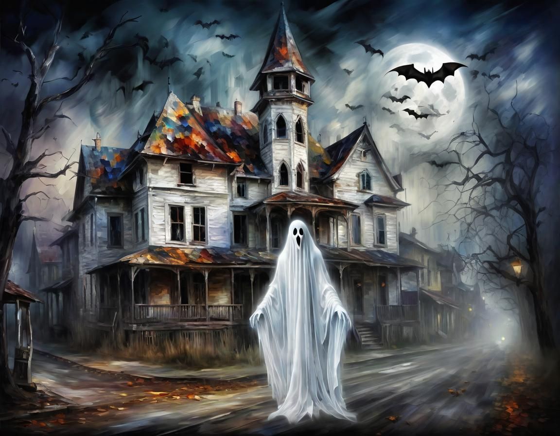 Haunted Town with Ghost in Impasto Style