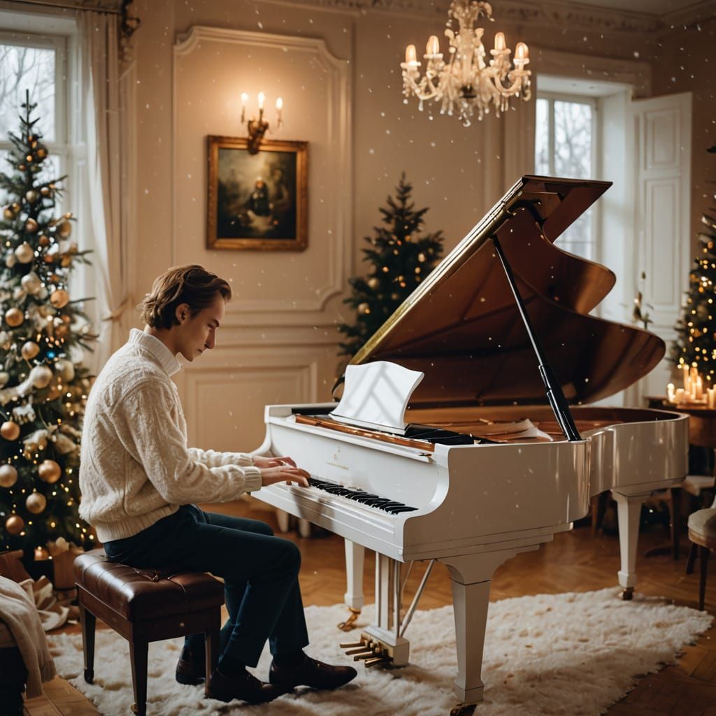 Impressionist Masterpiece: Pianist Plays Chopin in Cozy Wint...