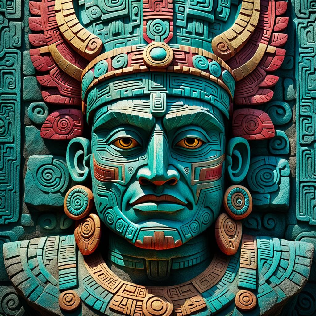 Aztec Warrior Totem Carving in Mayan Revival Art