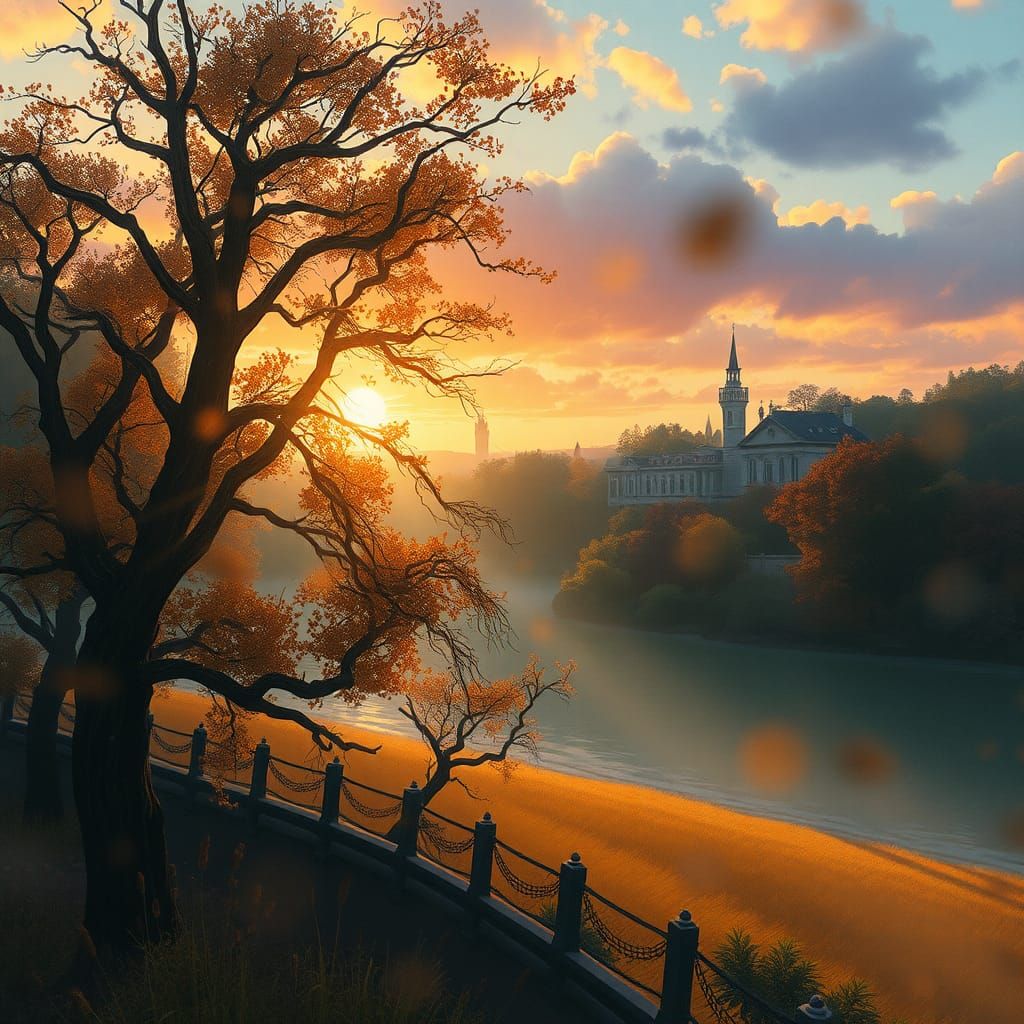 Autumn Sunset Digital Watercolor Illustration in 8K