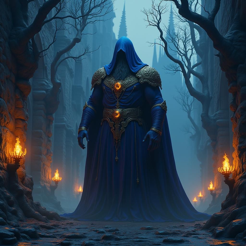 Mystical Warrior in Gothic Twilight Landscape