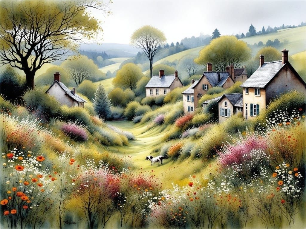 Cozy Morning Village in Watercolor Style