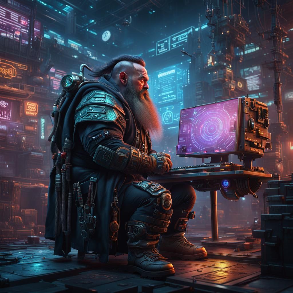 Cyberpunk Dwarf Hacker in Hologram Matrix