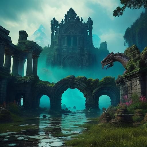 Majestic Dragon in Ancient Ruins: Fantasy Concept Art