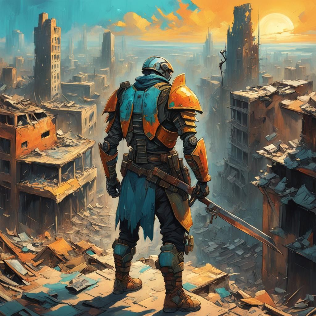 Post-Apocalyptic Warrior in Dystopian Cityscape