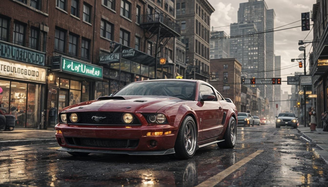 Ruby Red Mustang Races Through Cityscape in 3D