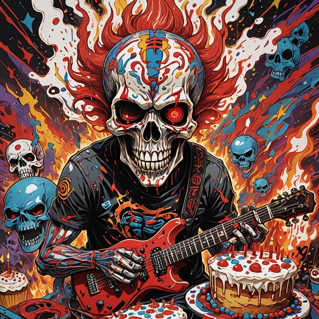 Psychedelic Skull Plays Guitar in Anime Style