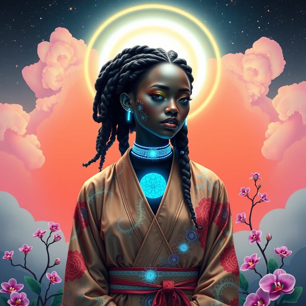 Surreal Quantum Priestess in Vibrant Japanese-African Futuri...