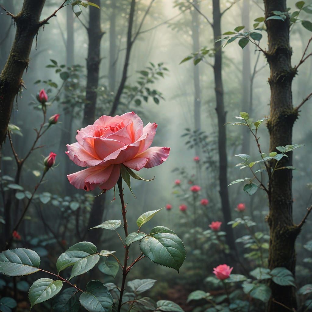 Red Rose in Misty Forest Watercolor Painting