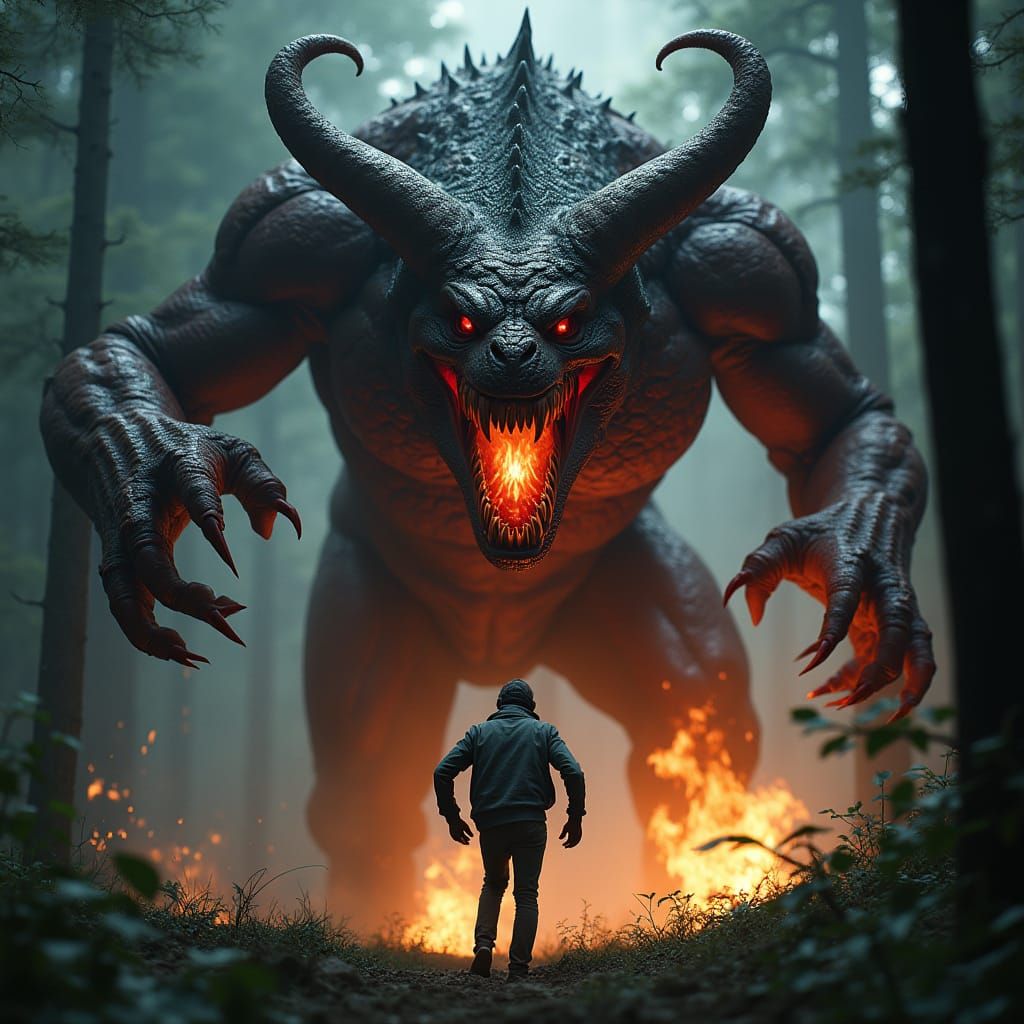 Terrifying Forest Encounter in Cyberpunk Style