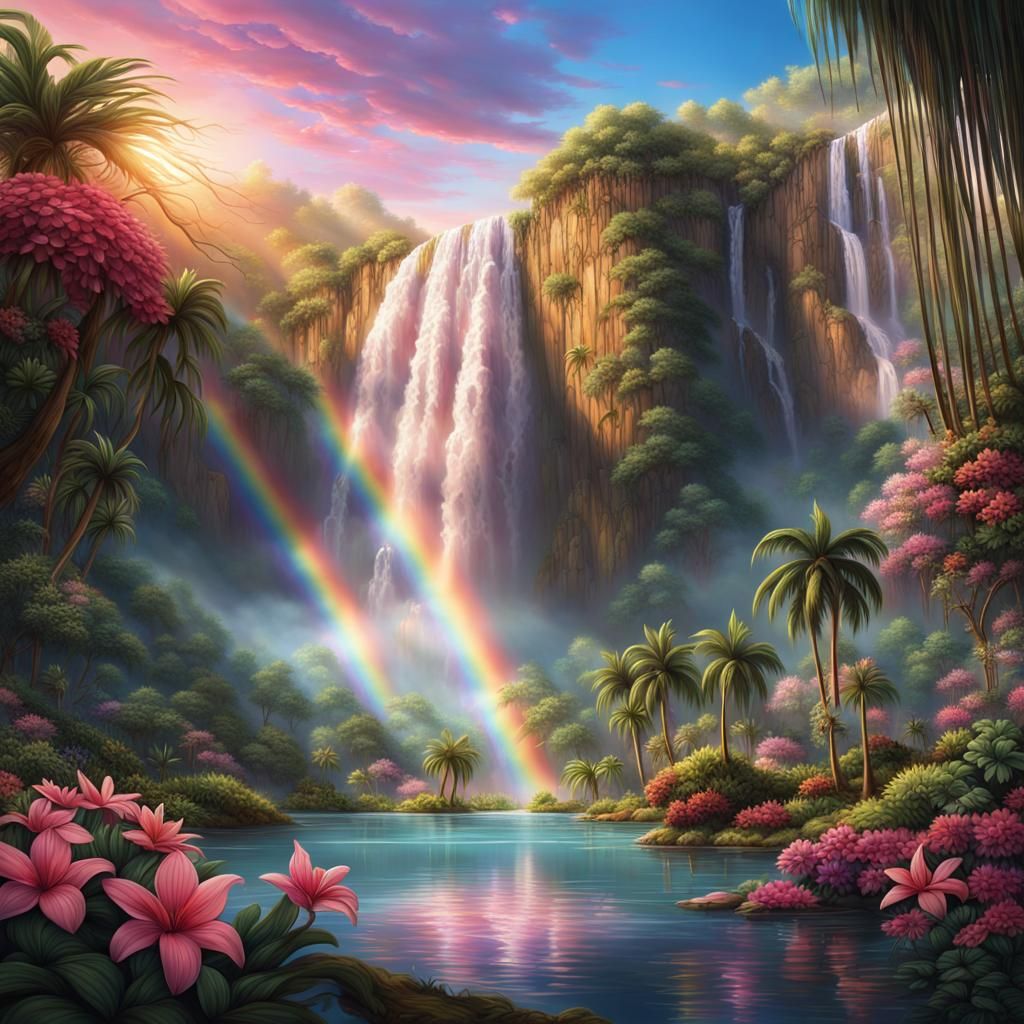Tropical Waterfall with Rainbow at Sunset