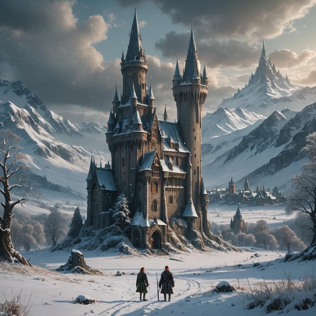 Elf in Snowy Meadow with Wizard's Tower