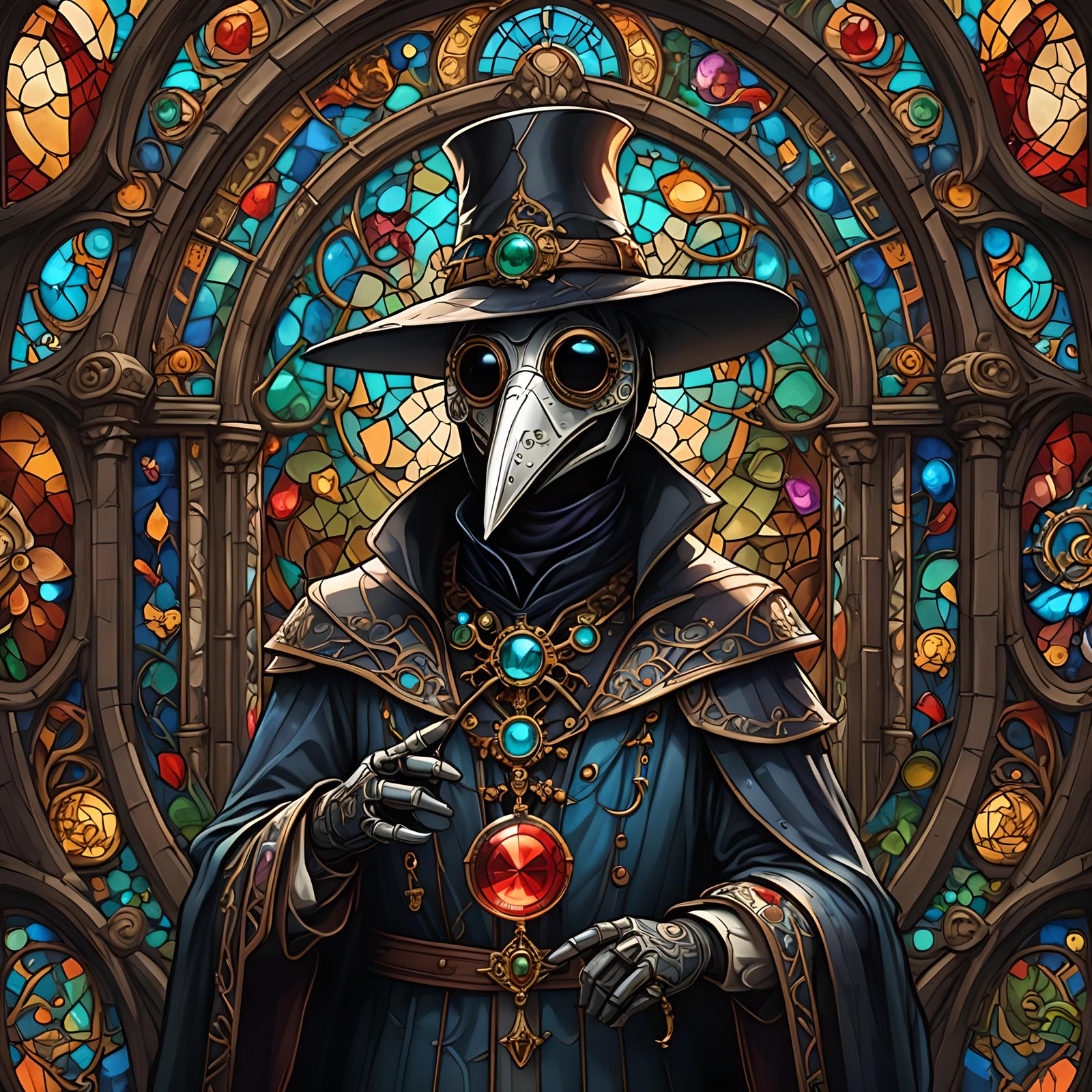 Cute Plague Doctor in Stained Glass Style