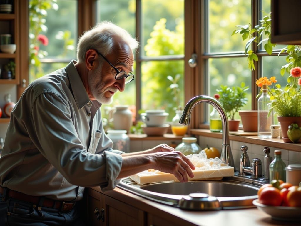 Grandad Opens Package by Kitchen Sink with Garden View