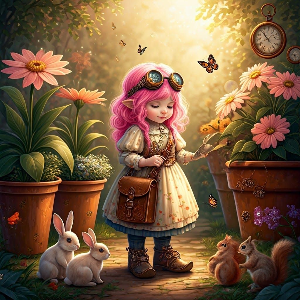 Steampunk Gnome Caring for Animals in Flower Garden