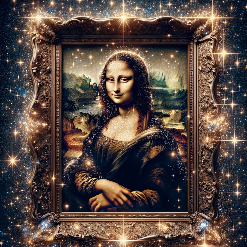 Mona Lisa in Celestial Frame with Shooting Star Border