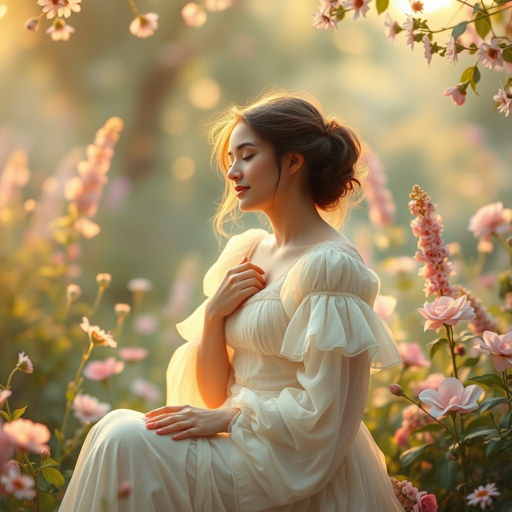 Dreamy Woman in Pastel Garden, Art Nouveau Style