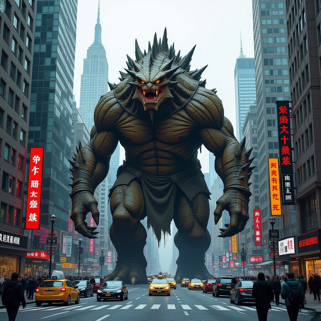 Gigantic Monster Strolls Through Dystopian Metropolis