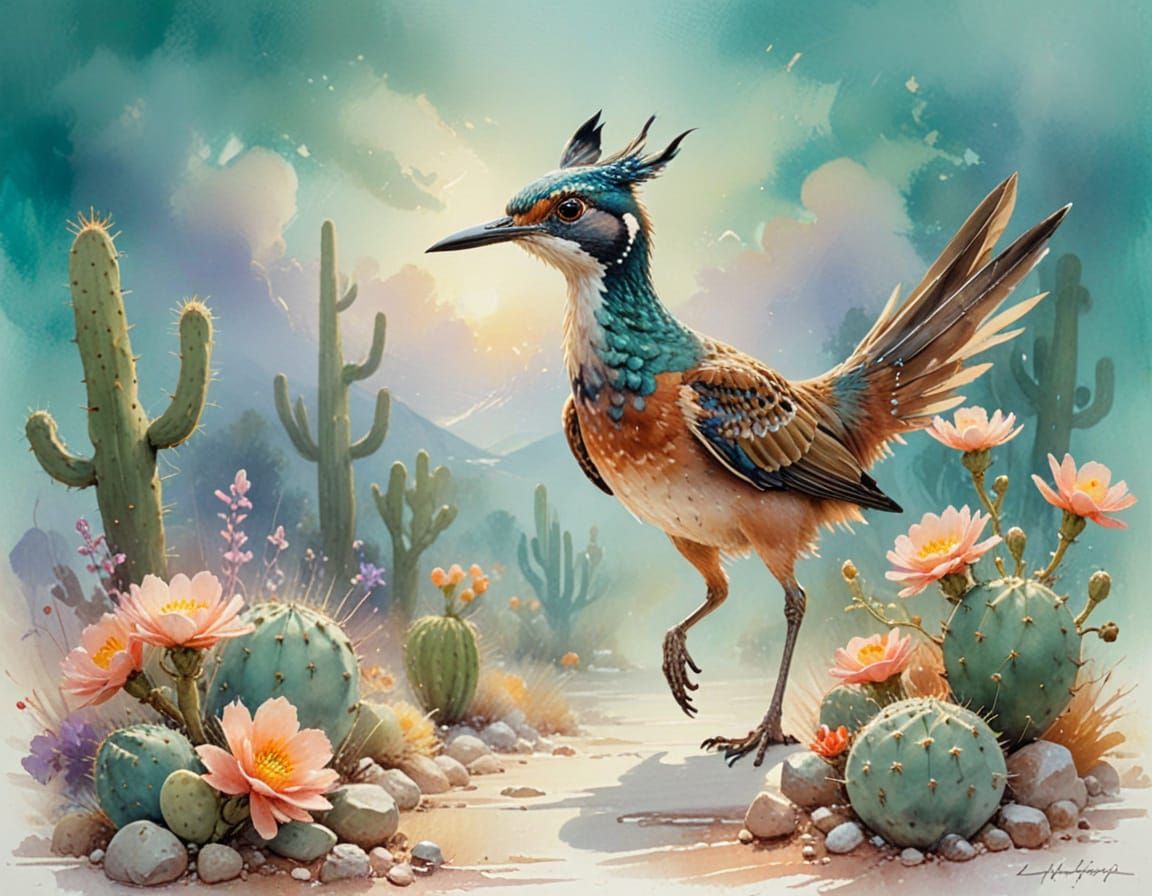 Roadrunner in Watercolor with Cacti and Turquoise Sky
