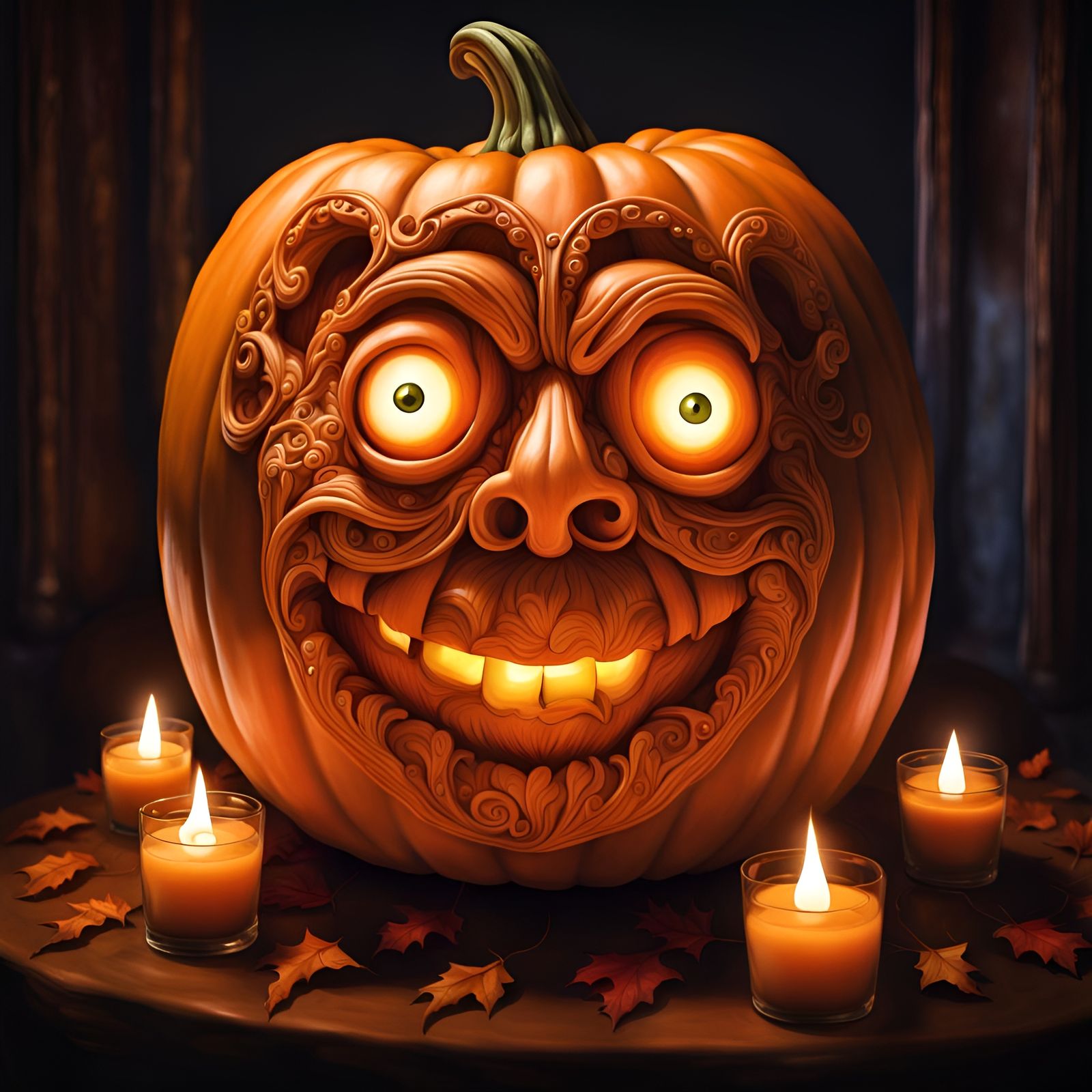 Candlelit Pumpkin with Expressive Eyes in Photorealistic CGI