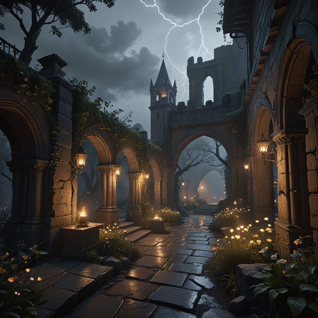 Wizard's Enchanted Garden in Lightning Storm, Unreal Engine