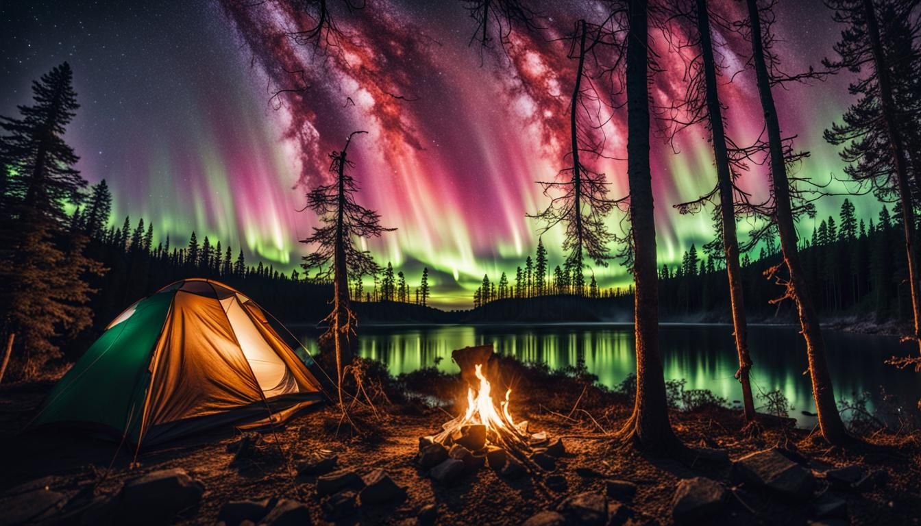 Scenic Campsite Under Aurora Borealis at Night