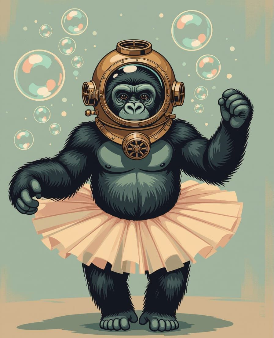 Gorilla Ballerina wearing a diving helmet
