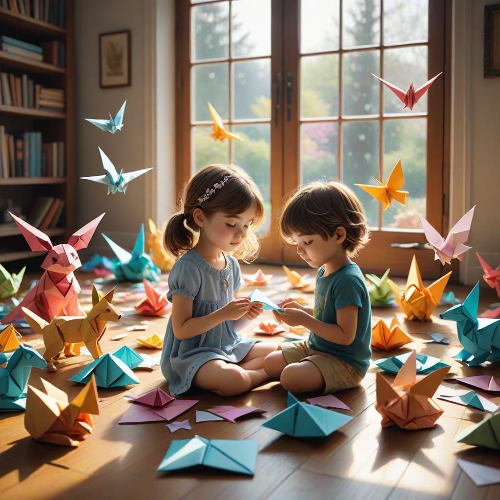 Child Folds Origami Animals in Magical Light
