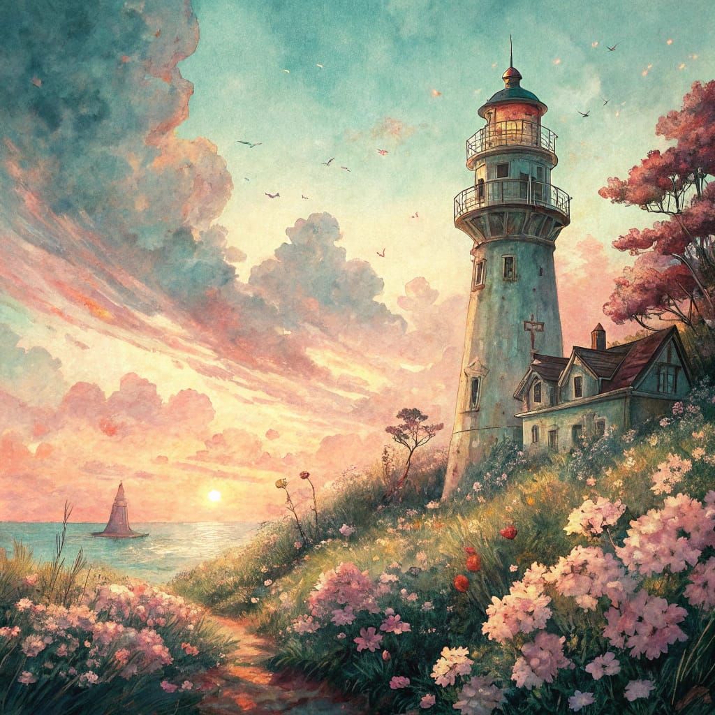 Cosmic Lighthouse in Vibrant Sunset Landscapes with Impasto...