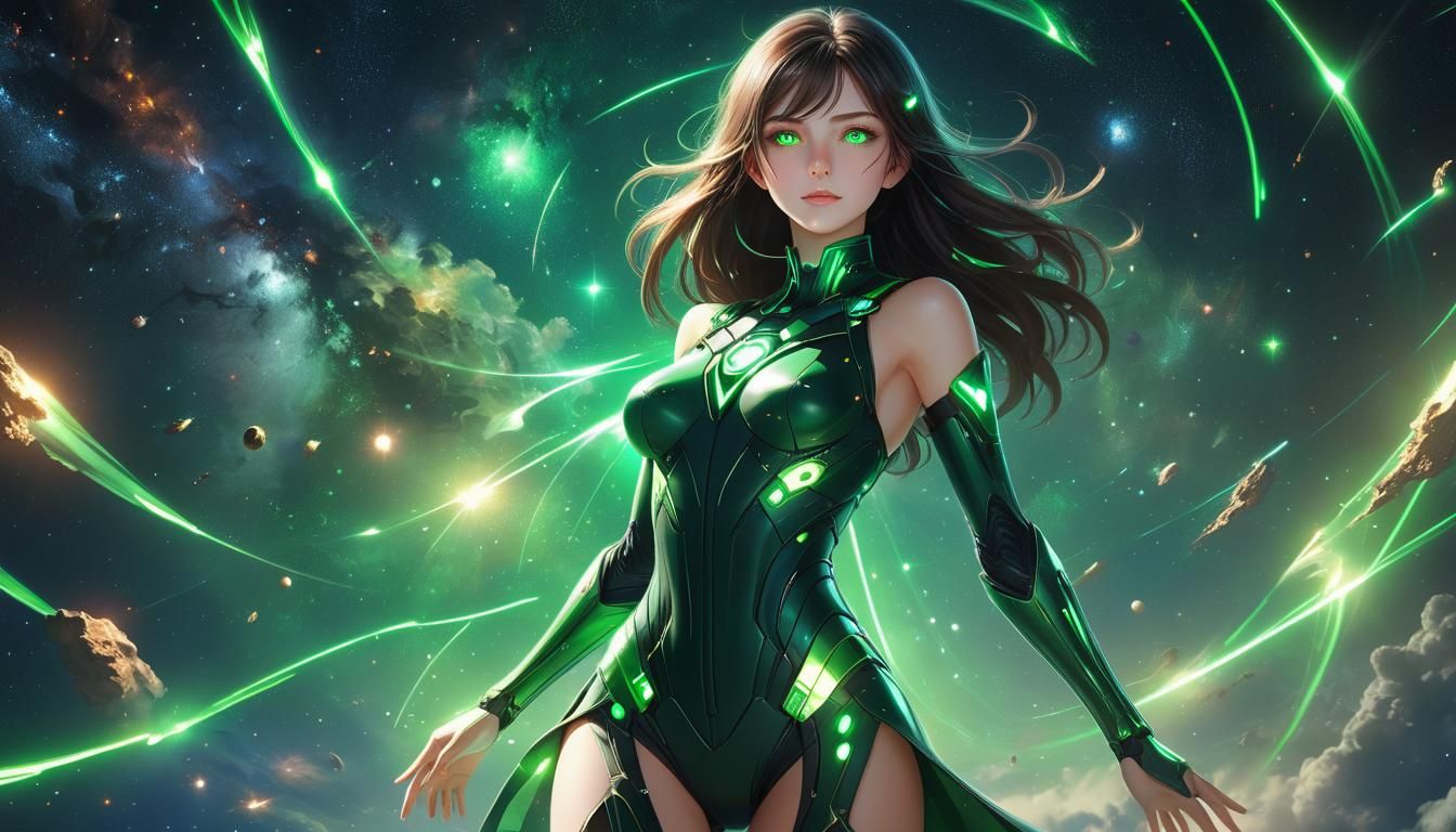 Brunette Woman Floating in Space: Anime Style