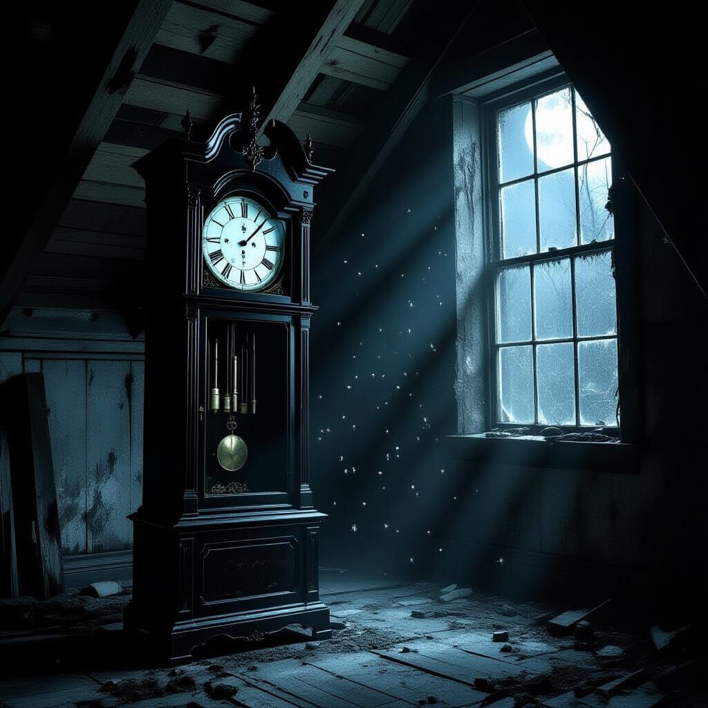 Sad Grandfather Clock in Dusty Attic, Gothic Horror Style