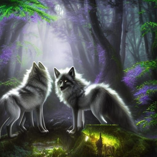 Enchanted Forest: Gleaming Wolf Cubs in Fantasy Art