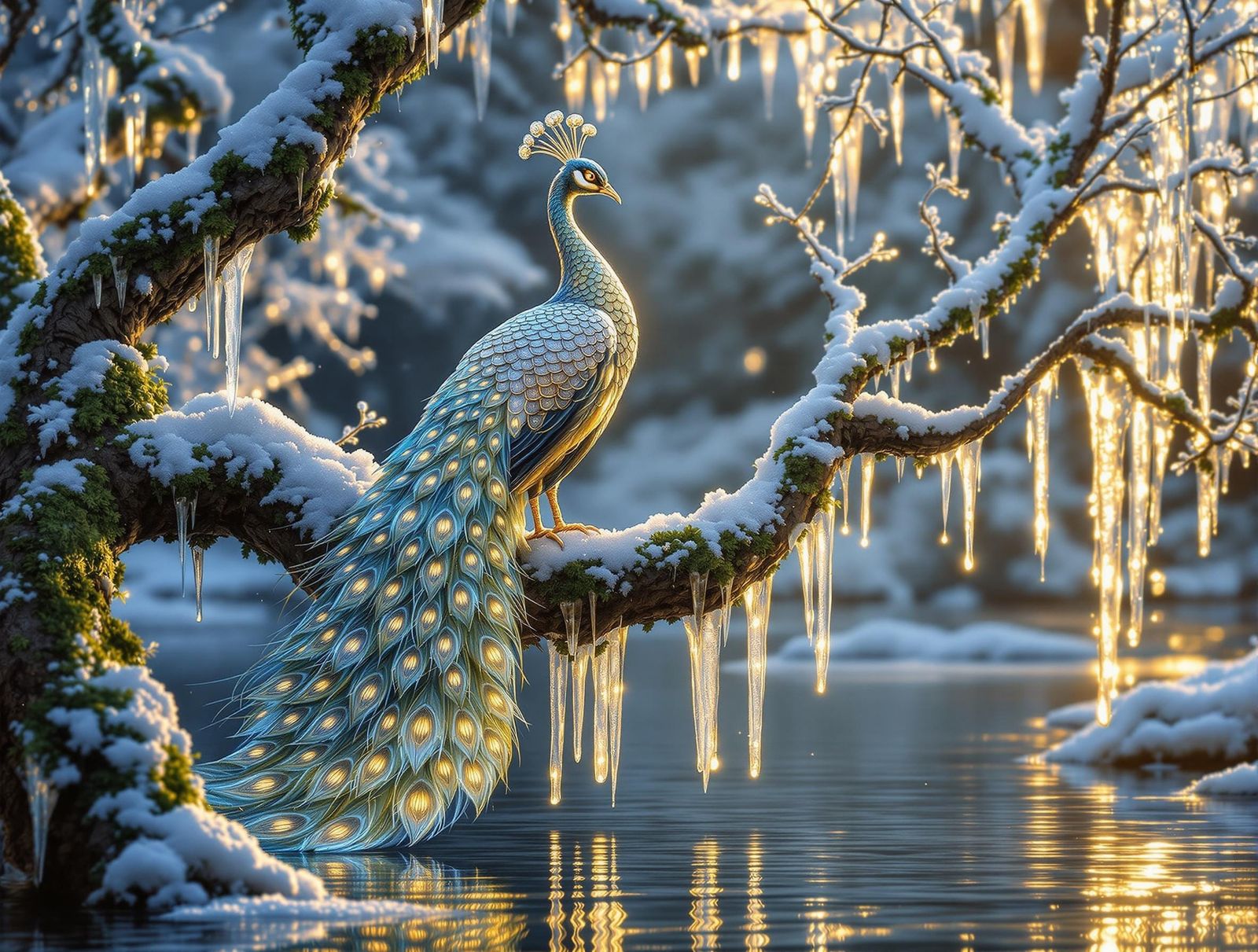 Elegant Embossed Glass Peacock Amidst Winter Wonderland