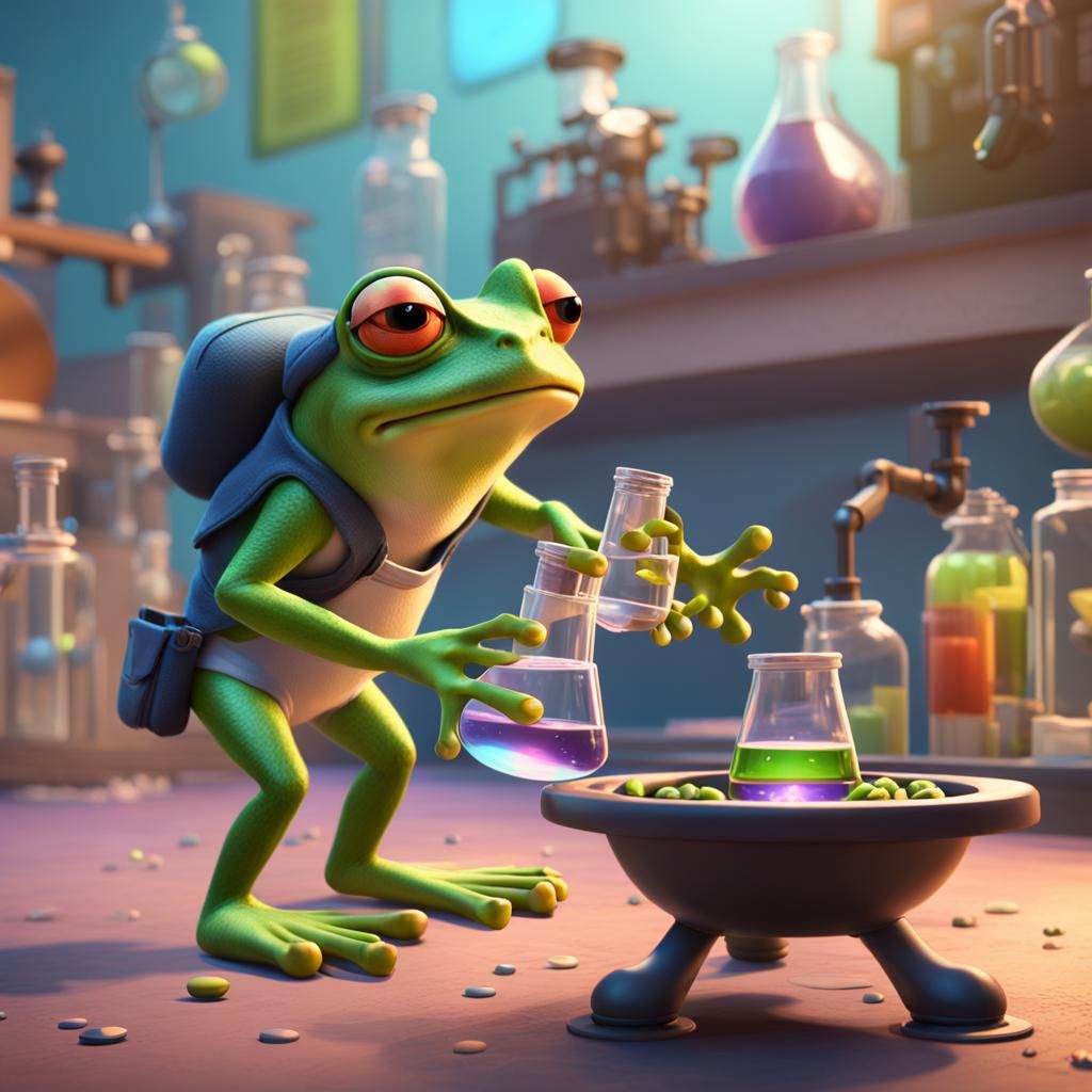 Frog Scientist Doing Science in Pixar Style