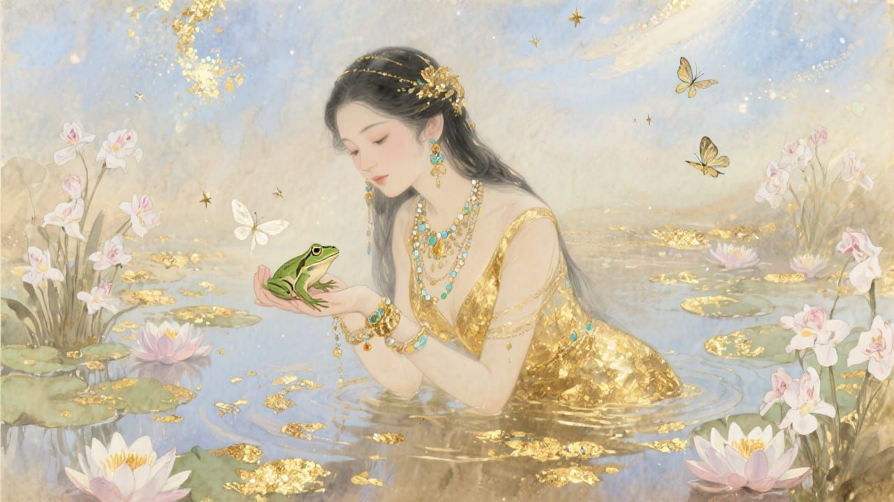 Ethereal Oriental Woman in Watercolor Pond