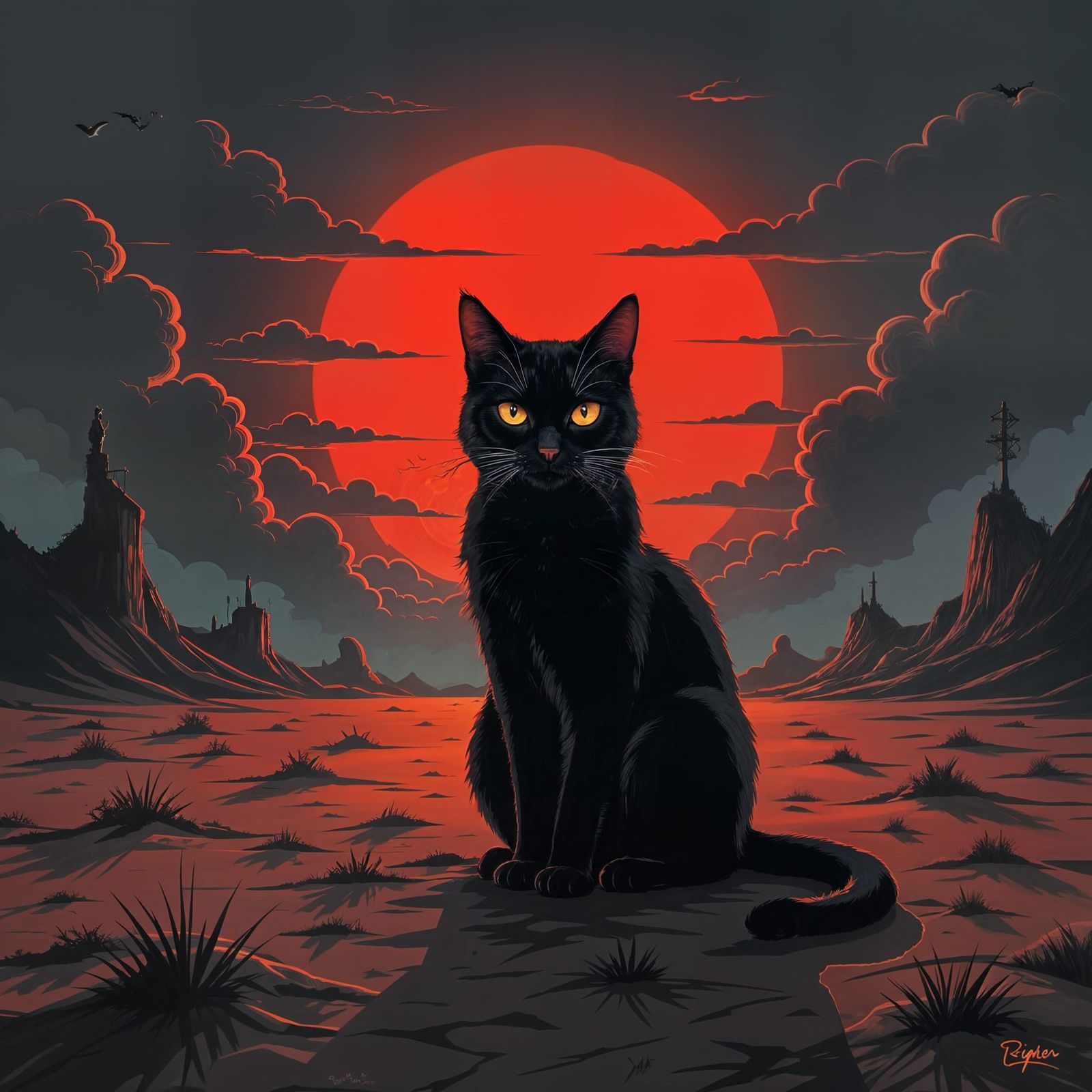 Creepy Cat in Red Sunset
