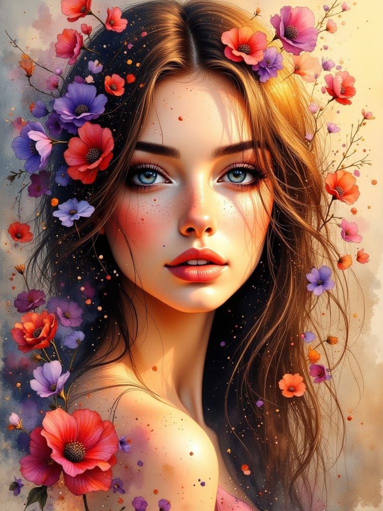 Watercolor Portrait of a Woman with Blossoms