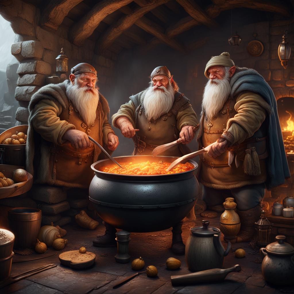 Dwarves Cook Stew: Detailed Matte Painting