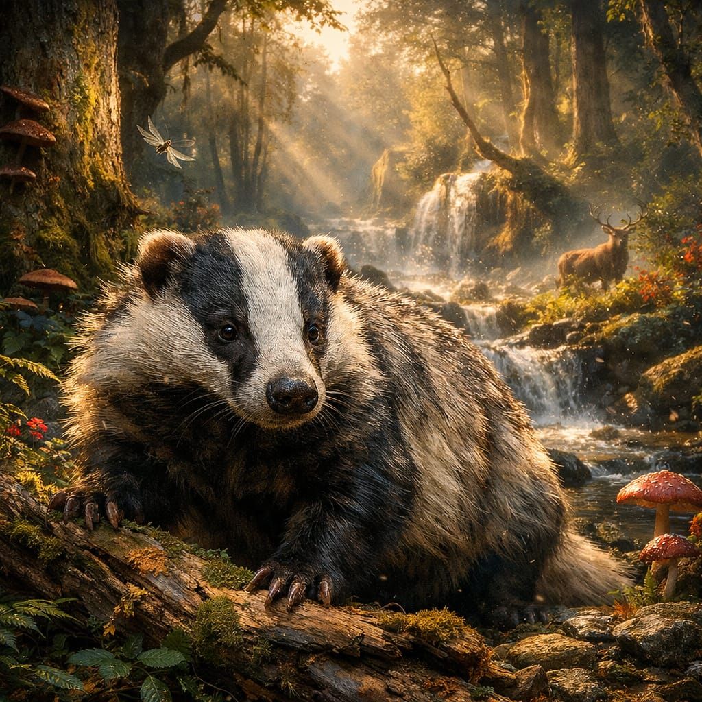 Hyper-Realistic Badger in Vibrant Forest
