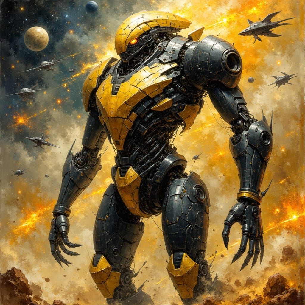 Gold Mecha Warrior with Holographic Astral Energy