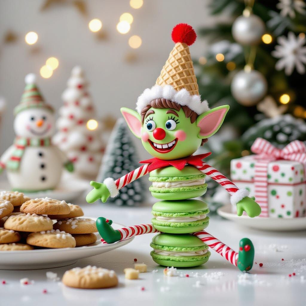 Mischievous Macaron Elf Stealing Cookies