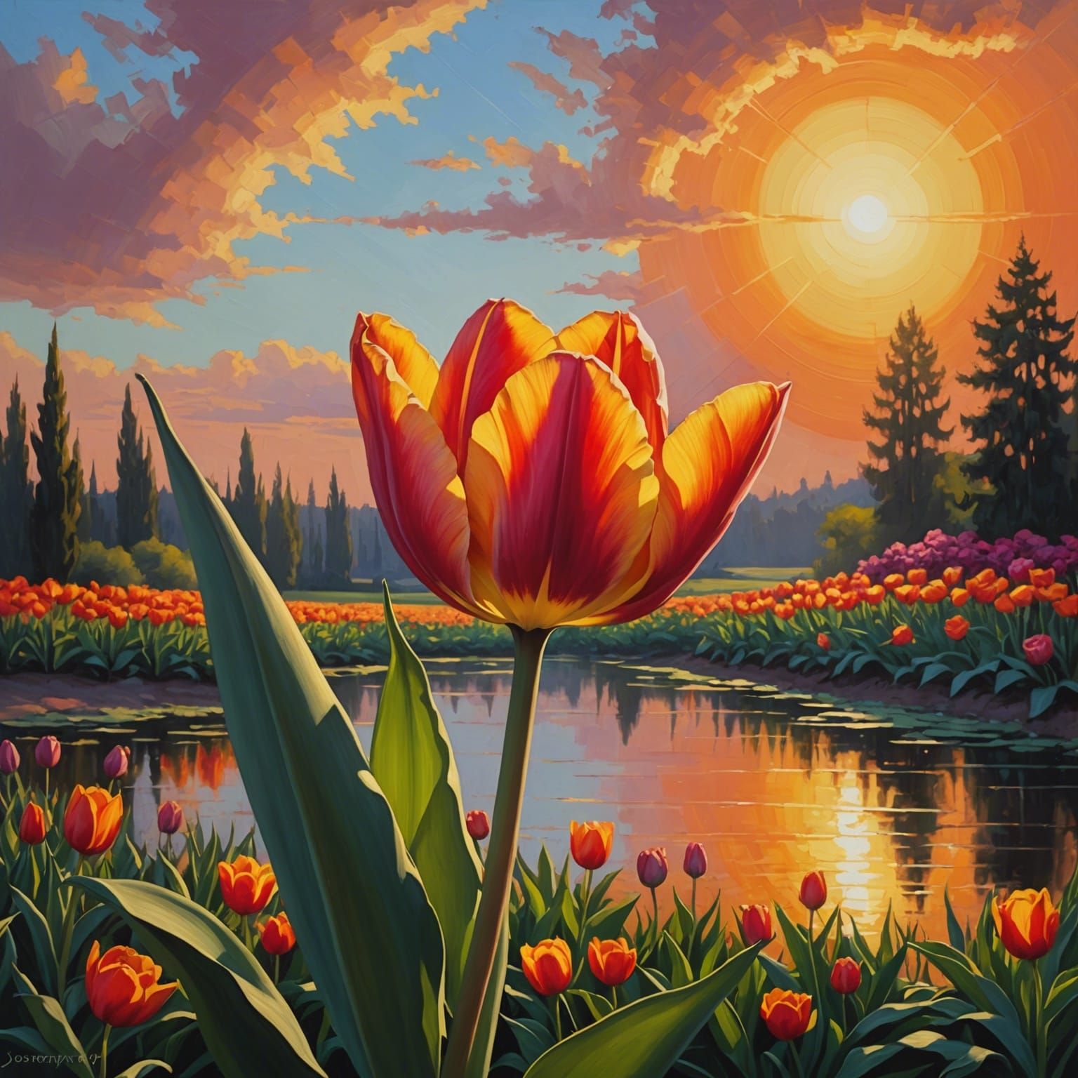 Hybrid Tulip-Rose Flower at Sunset, Oil Painting