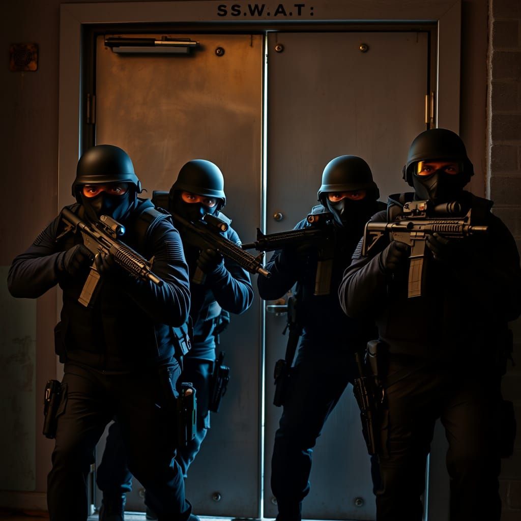 S.W.A.T. Team in Tense Breach Position, Exuding Controlled A...