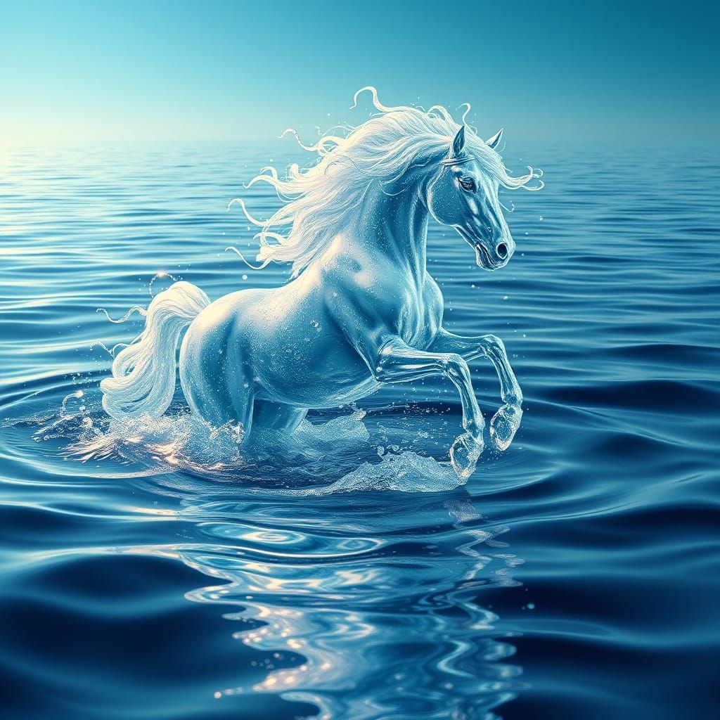 Regal Water Horse Rises from Iridescent Lake in Ethereal Sty...