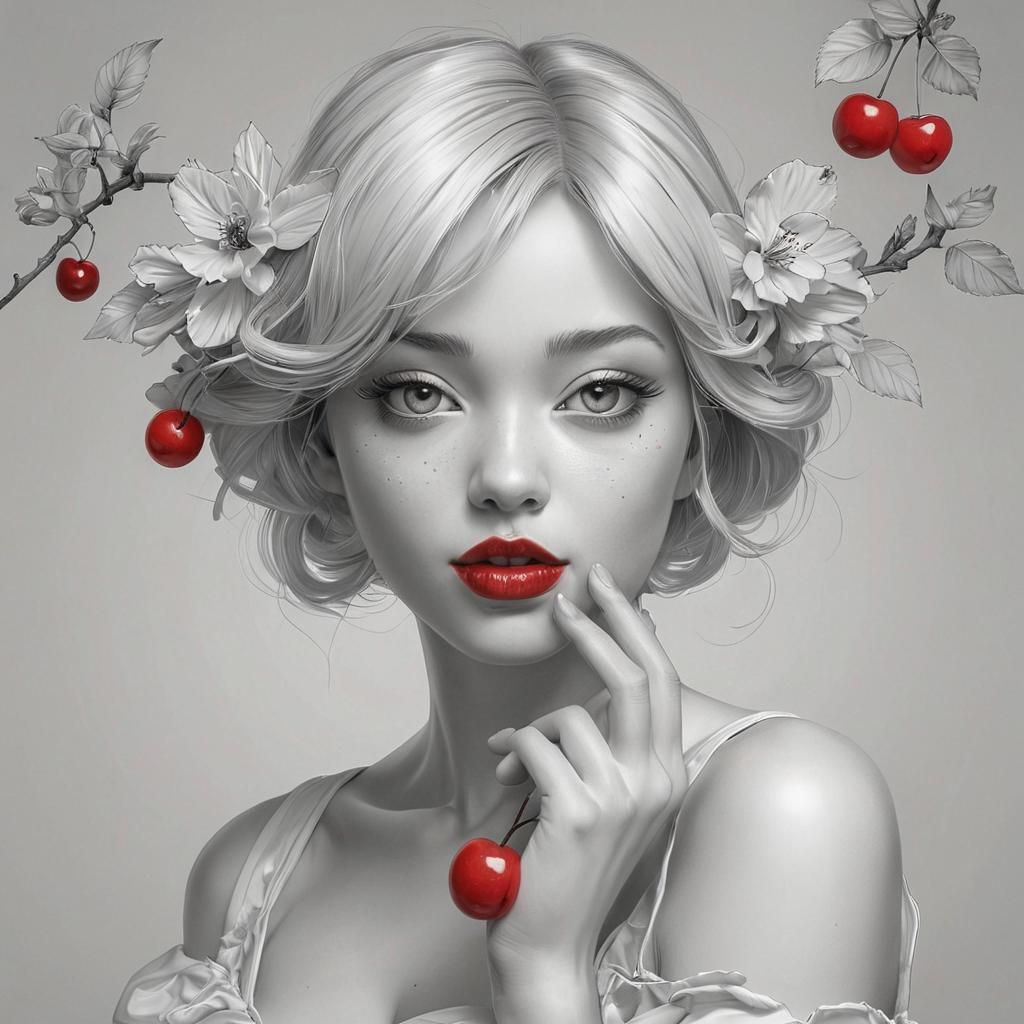 Girl with Cherry: Shin-hanga Style Ink Drawing