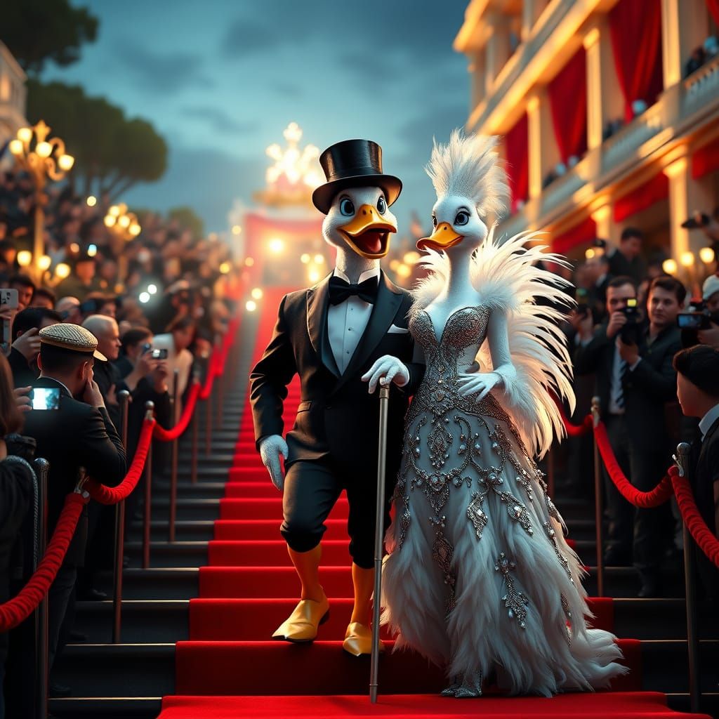 Cane et canard avec une canne, stars du Festival de Cannes (Cane and duck with a cane, stars of the Cannes Film Festival...